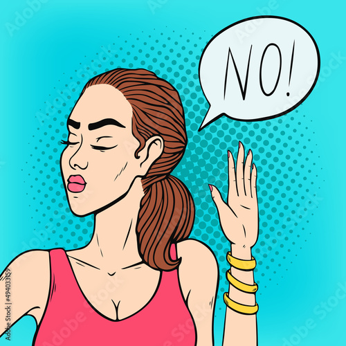 Angry face woman saying no and gesturing with hand stop, serious asian businesswoman pop art retro comic style vector illustration