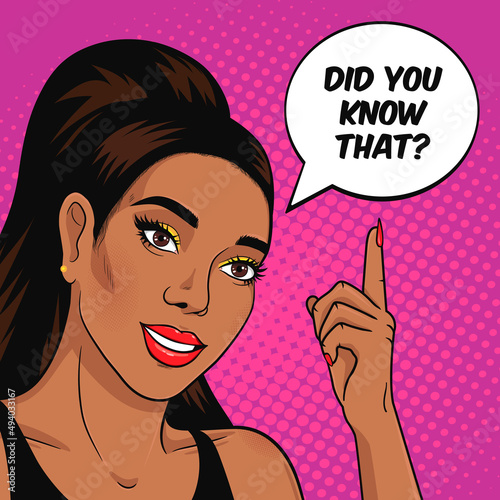African American woman asking question Did You Know That? Wise woman teaching and explaining facts concept vector illustration in pop art retro comic style