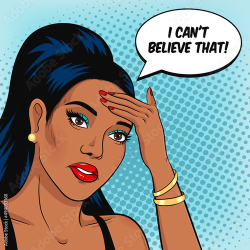 African American sad woman face with text bubble I Can't Believe That! Bad news concept vector illustration in retro pop art comics style