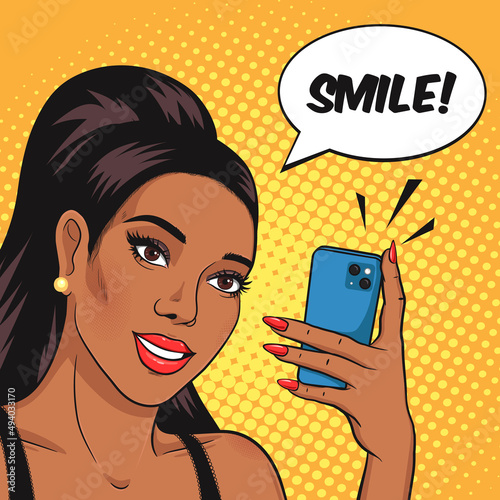 Happy African American woman smiling and taking photo on her smartphone with text bubble Smile! Selfie pop art retro comics style vector illustration