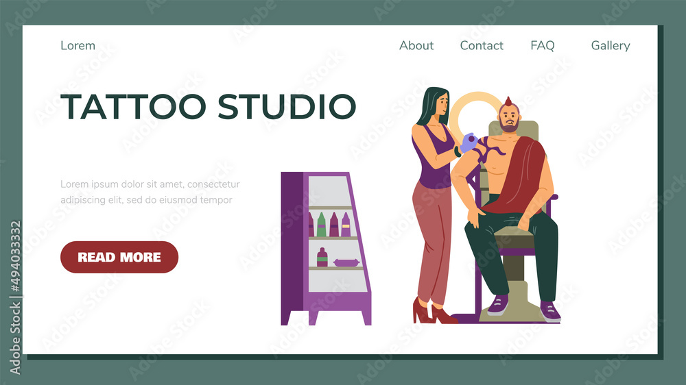 Tattoo studio web page layout with master and client flat vector illustration. Tattoo studio web page layout with master and client flat vector illustration.