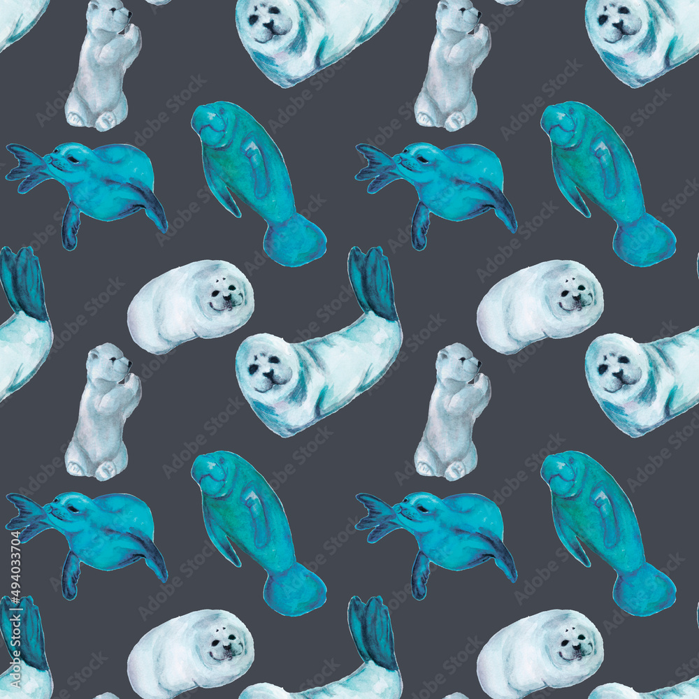 Seamless pattern with marine mammals.