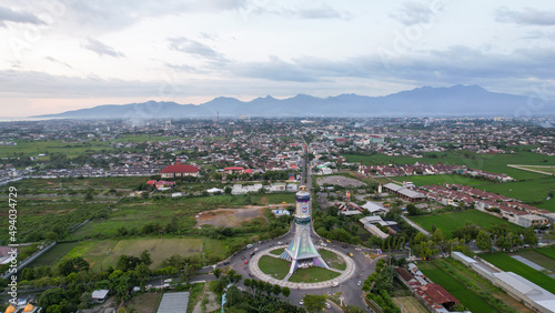 Aerial view of The extraordinary and beautiful building of the Mataram City metro monument. Lombok, Indonesia, March 22, 2022