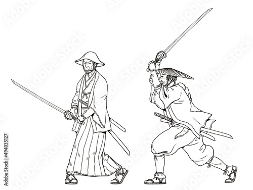 Japanese warrior Ashigaru in attack. Samurai digital illustration.