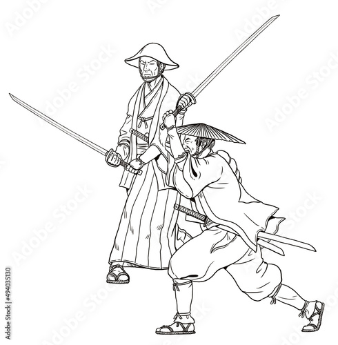 Japanese warrior Ashigaru in attack. Samurai digital illustration.