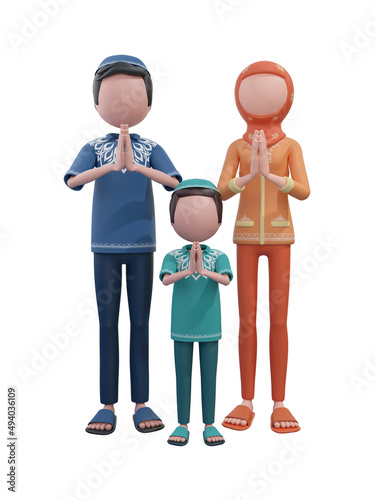 3d illustration parent and children wishes you a happy Eid Mubarak - 3d illustration people celebrating the month of ramadan with isolated design