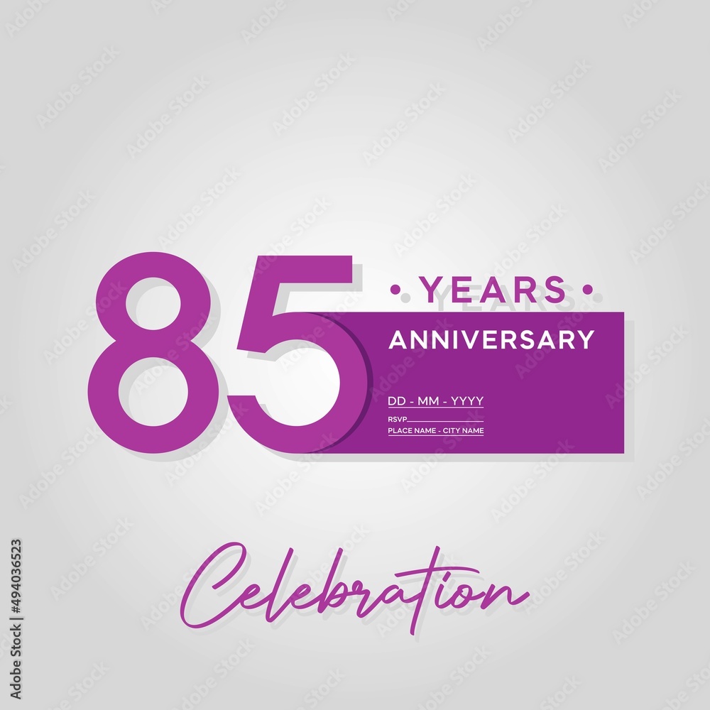 85th anniversary logo. Anniversary celebration logo design with purple color for booklet, flyer, magazine, brochure poster, web, invitation or greeting card. vector illustrations.