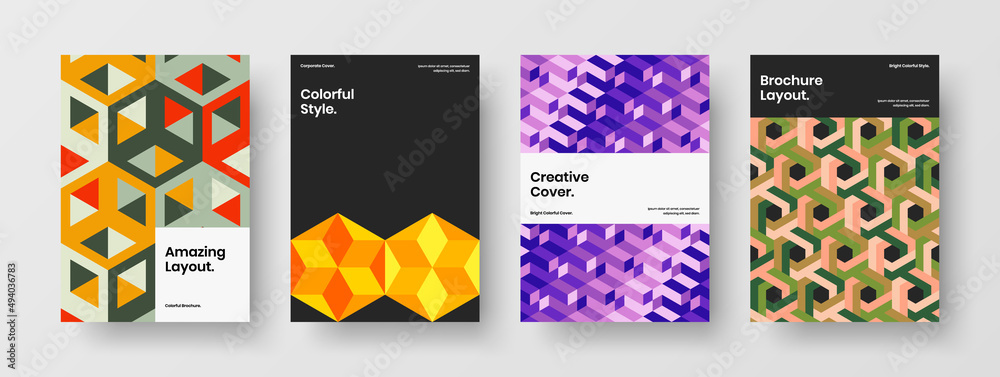 Original mosaic hexagons postcard template composition. Clean corporate brochure vector design concept bundle.