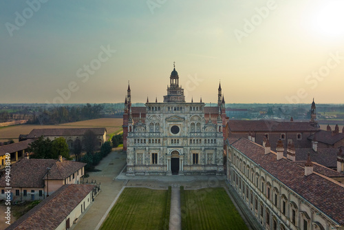Aerial view of the Certosa di Pavia at morning, built in the late fourteenth century, courts and the cloister of the monastery and shrine in the province of Pavia, Lombardia, Italy photo