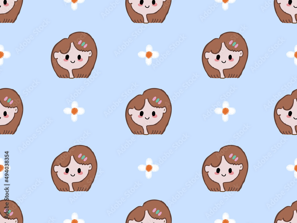 Fototapeta premium girl cartoon character seamless pattern on blue background.