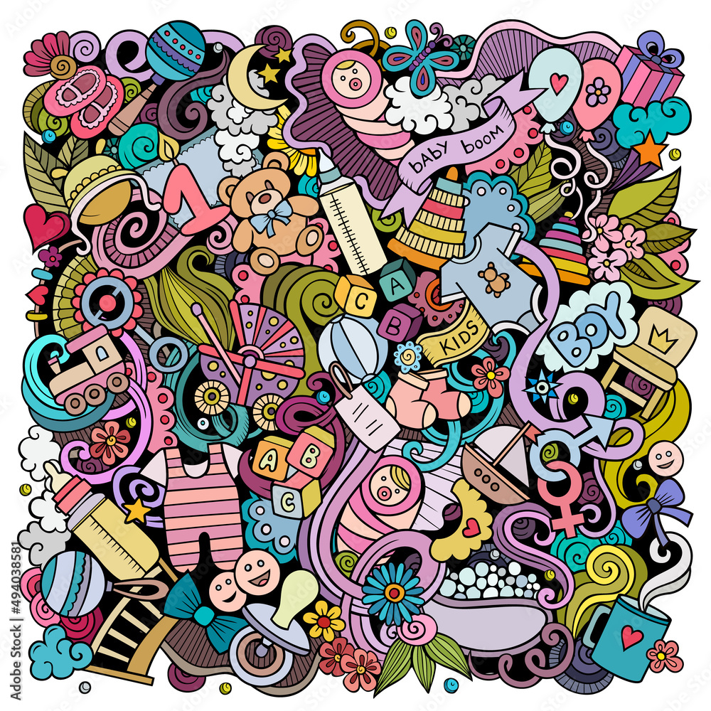 Fototapeta premium Baby hand drawn vector doodles funny illustration.