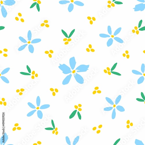 Simple calm floral vector seamless pattern in pastel colors. Blue flowers, twigs on a white background. For fabric prints, textiles.