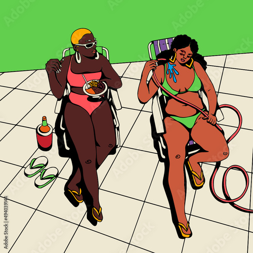 Two friends tanning on a rooftop