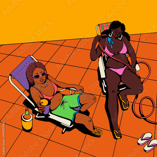 Two friends tanning on a rooftop