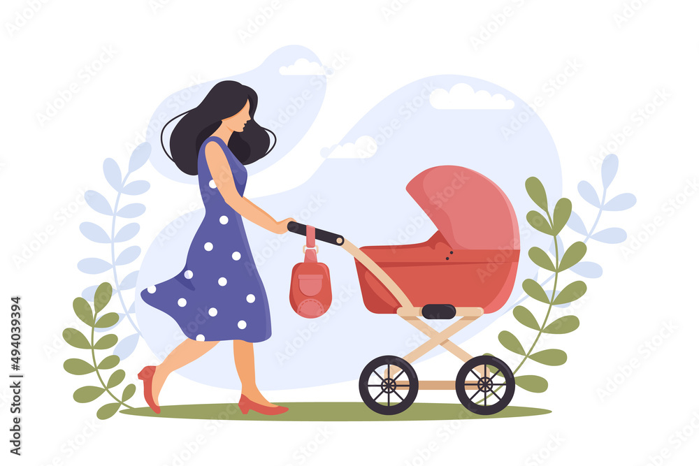 Young mother walks with stroller in park. Happy motherhood. Child care, outdoor activity concept for banner, website design or landing web page. Baby carriage. Modern parenthood. Vector illustration