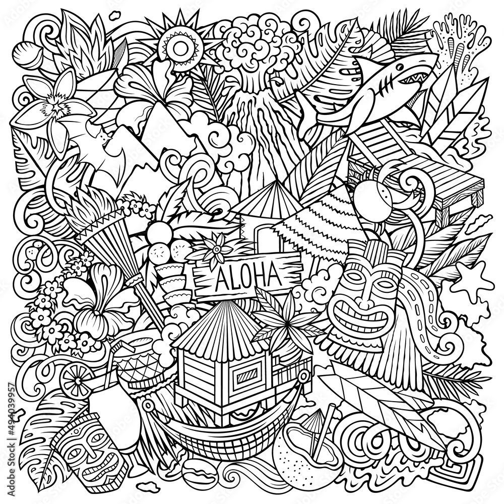 Fototapeta premium Hawaii cartoon vector doodles illustration.