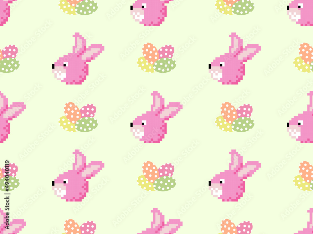 Rabbit cartoon character seamless pattern on yellow background.Pixel style
