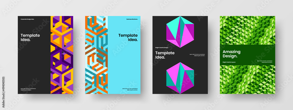 Amazing placard A4 vector design concept set. Modern mosaic hexagons front page layout collection.