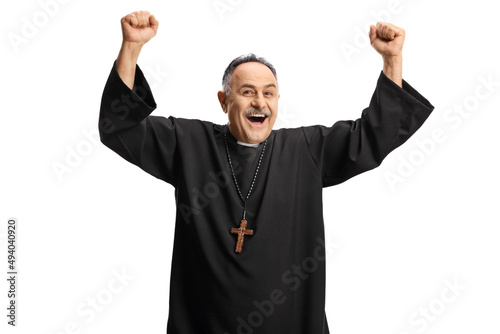 Fotografia Excited smiling priest gesturing happiness