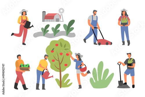 People working in garden vector. Man and Woman backyard with plants. Summer outdoor works
