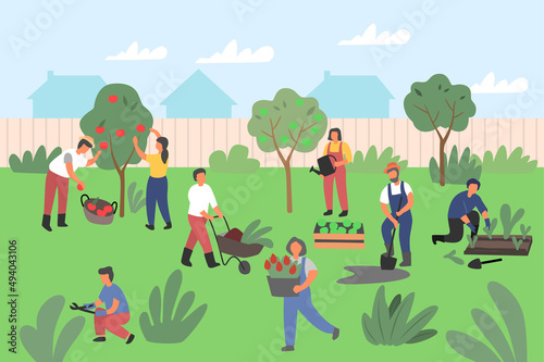 People gardening vector. Man and Woman planting fruit and plants. Characters Working in garden.