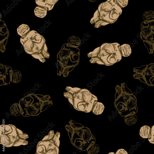 Seamless pattern with Venus of Willendorf  figurines. Paleolithic fertility goddess. Great Mother archetype. On black background.
