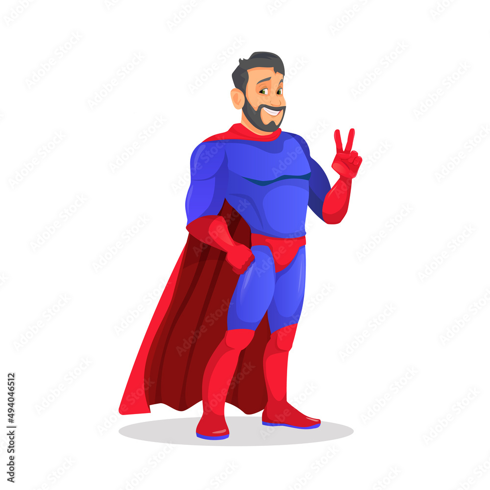 Handsome cartoon superhero standing with confidence and heroic with a friendly smile on white background Handsome cartoon superhero standing with confidence and heroic with a friendly smile on white background