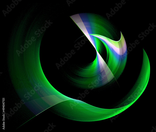 Green striped wavy and arcuate elements with white and blue sigment are arranged in layers and rotate on a black background. Graphic design element. Icon, logo, symbol. 3d illustration. 3d rendering. photo