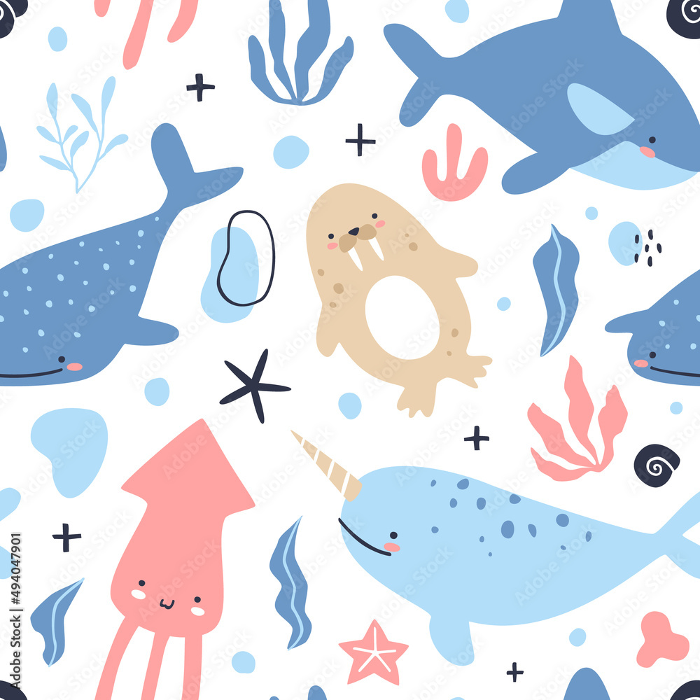 Cute sea animals baby pattern. Underwater seamless vector print for shower  textile and fabric. Stock Vector | Adobe Stock