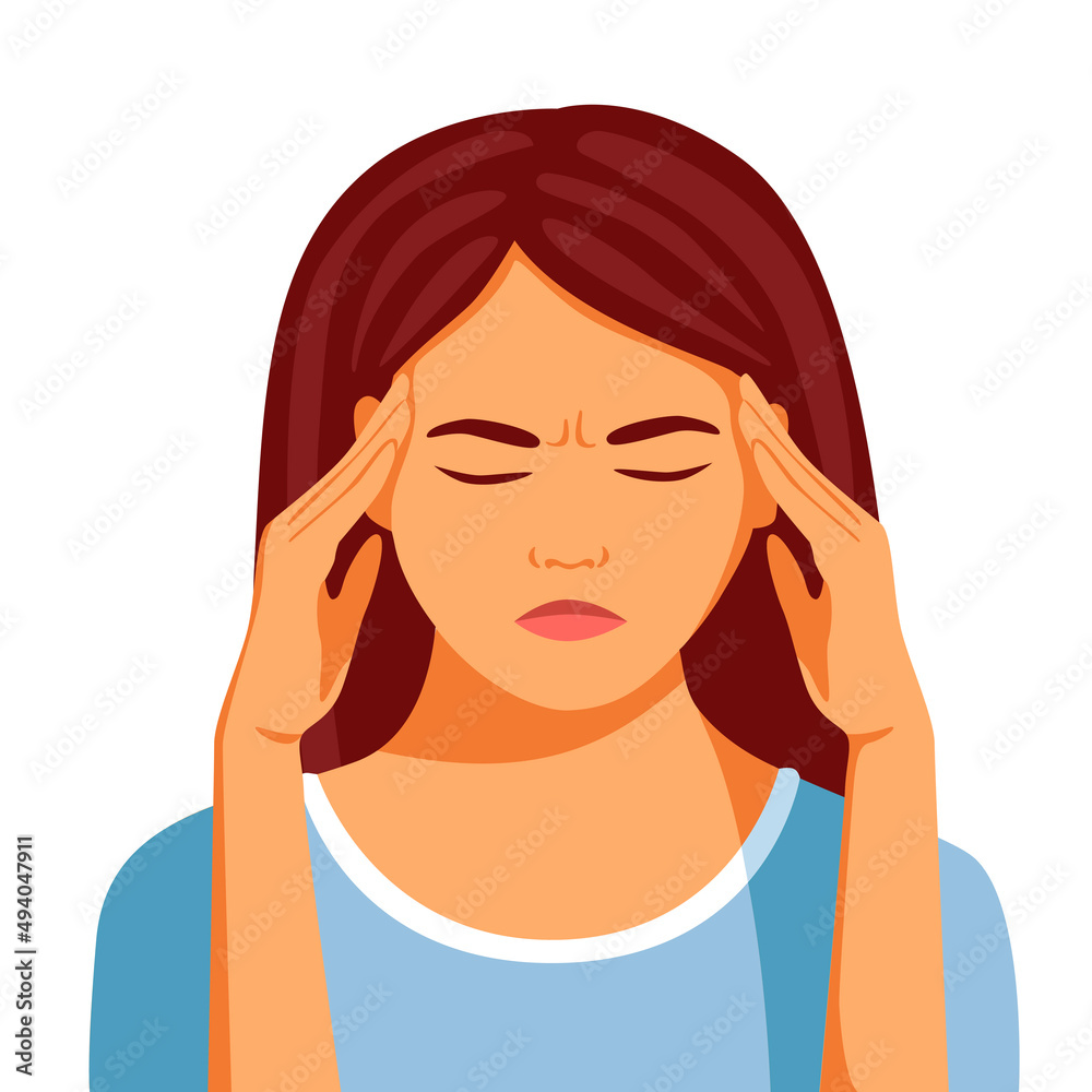 Young woman hold her head because of illness or stress at work. Flat vector cartoon style isolated