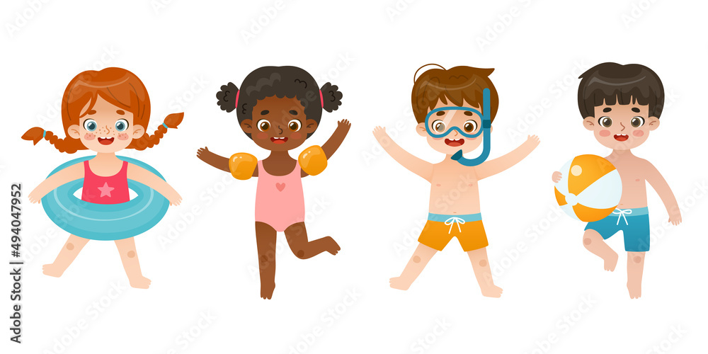 Summer set of jumping kids in swimsuit. Collection of cartoon children on the sea vacation. Summer set of jumping kids in swimsuit. Collection of cartoon children on the sea vacation.