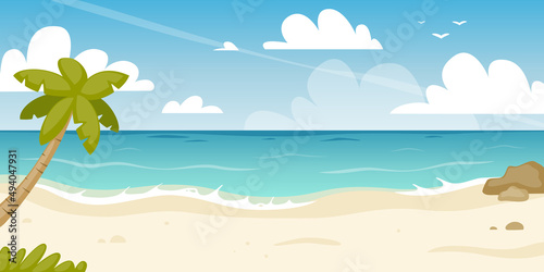 Paradise tropical beach panorama. Cartoon horizontal sea coast with palm. Summer azure seascape.