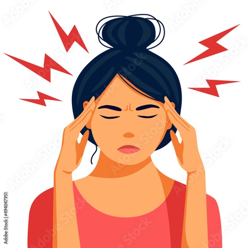 Young woman hold her head because of illness or stress at work. Flat vector cartoon style isolated