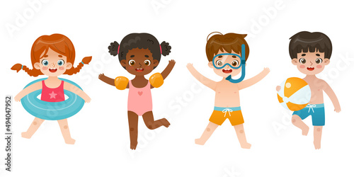 Summer set of jumping kids in swimsuit. Collection of cartoon children on the sea vacation.