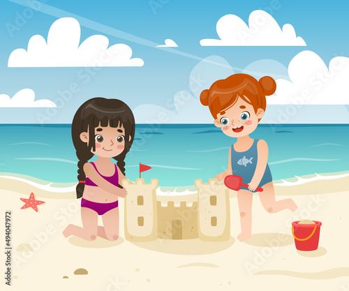 Cute girls building sand castle on the beach. Summer time scene on the sea coast with cartoon kids.