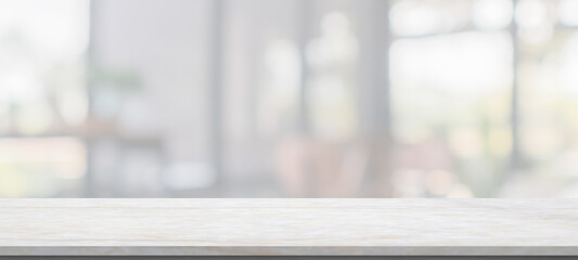 marble table top with blurred kitchen cafe restaurant interior background