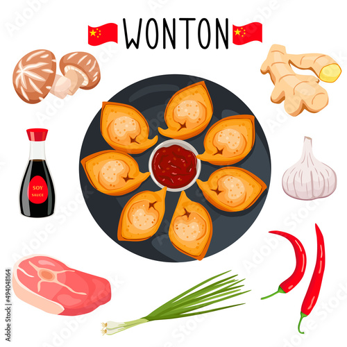 Fried Momos, or Wontons with ingridients. Vector Illustration