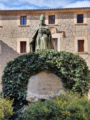 Statue of Bisbe Campins in a courtyard of the LLuc Sanctuary, Mallorca, Balearic Islands, Spain photo