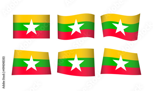 Myanmar Burma Flag Set Burmese Flags National Symbol Banner Icon Vector Stickers Myanmarese Asia City Wave Country State Wavy Realistic Independence Culture Nation Republic Kingdom Every All Flag