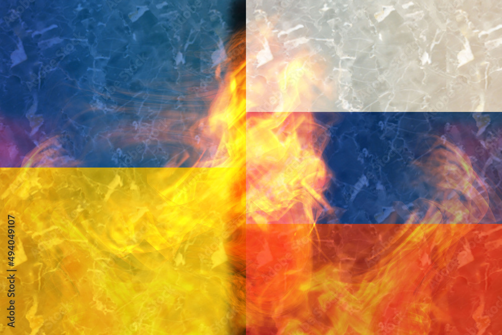 Ukraine Russia war conflict crisis concept. Ukrainian and russian flags burning in fire. 3D render illustration.