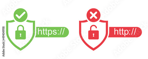 Https and http security certificates on white background. Secure and insecure web protocols. Safety connection. photo