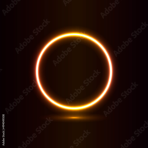 Futuristic Sci Fi Modern Neon Yellow Glowing Circle Frame for Banner on Dark Empty Grunge Concrete Brick Background. Vector Vintage Yellow Colored Circle Lamp. Retro Neon Sign