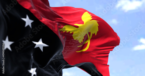 Detail of the national flag of Papua New Guinea waving in the wind on a clear day