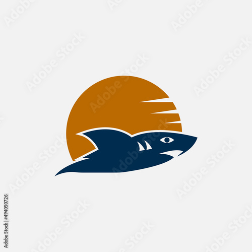 tame blue shark and simple yellow moon for tourism logo icon