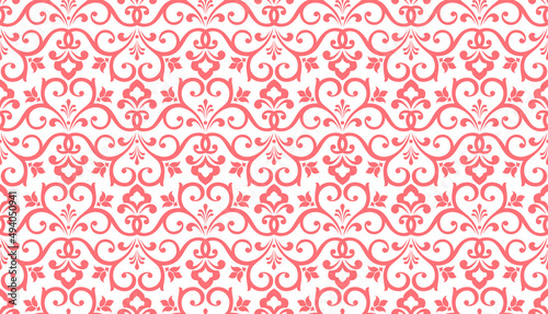 Wallpaper in the style of Baroque. Seamless vector background. White and pink floral ornament. Graphic pattern for fabric, wallpaper, packaging. Ornate Damask flower ornament