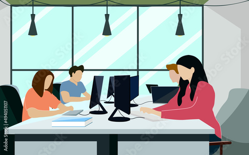 A team of people are working in the office on a new project. Teamwork. Modern illustration of people for banners, posters, posters. trendy design