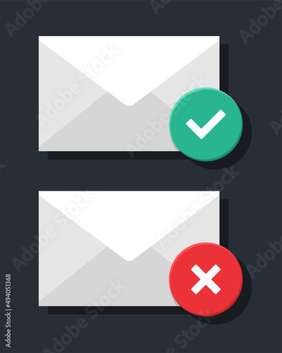 Mail envelope with check mark and cross sign. Vector illustration