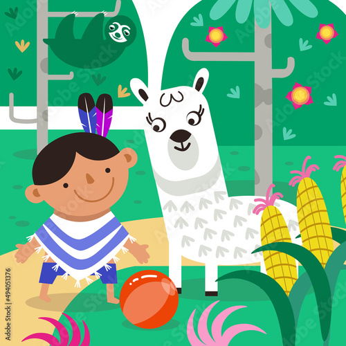Funny Indian boy play with alpaca. Cute cartoon character. Vector illustration for children games  design of books  puzzles.