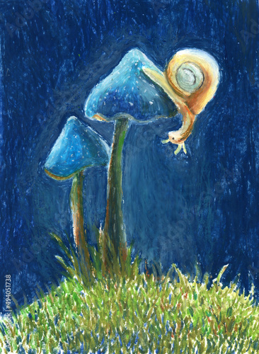 a snail on the blue mushrooms on the dark indigo background m,ade bu oil pastels or crayons