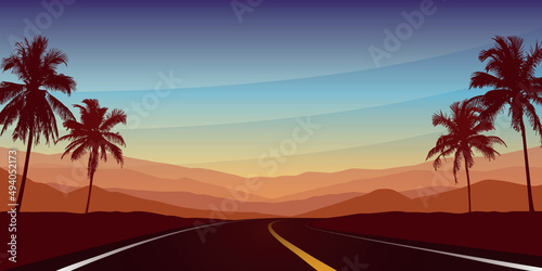 summer paradise road trip at sunset on tropical palm landscape